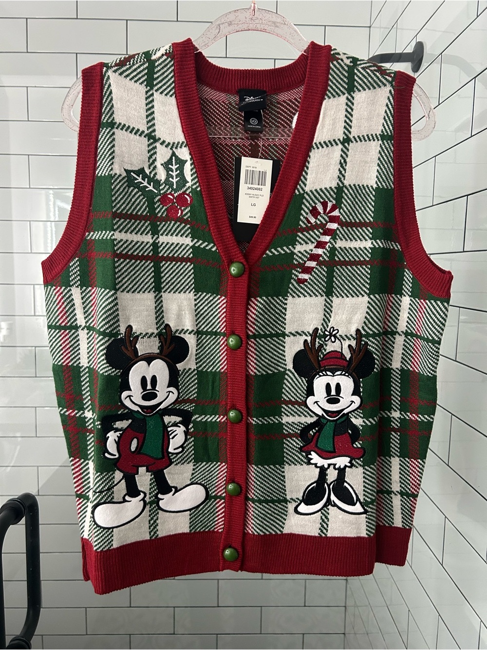 NWT Juniors Disney Red & Green Holiday Plaid Sweater Vest with Mickey & Minnie